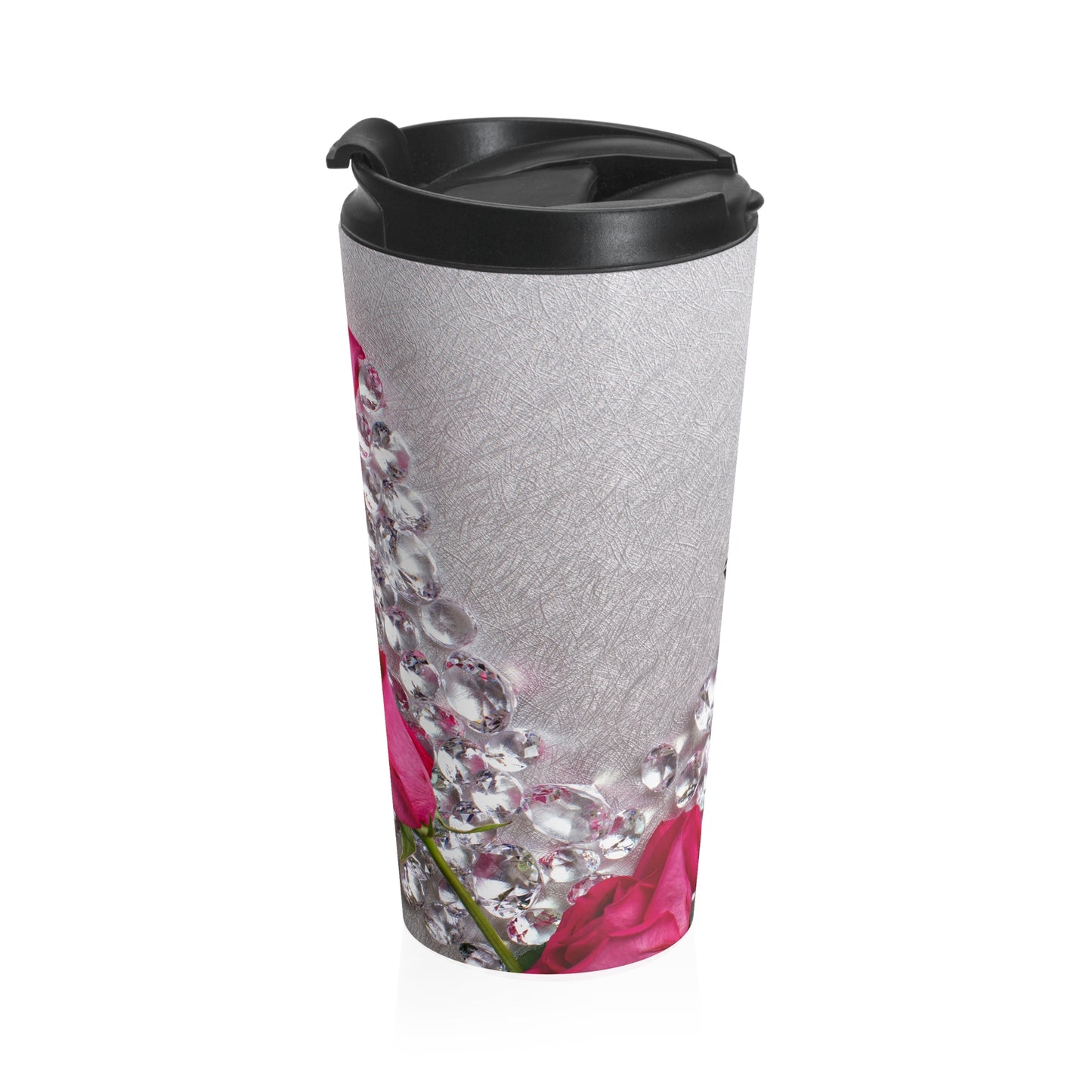 Stainless Steel Travel Mug (Pink Roses Silver Diamonds)