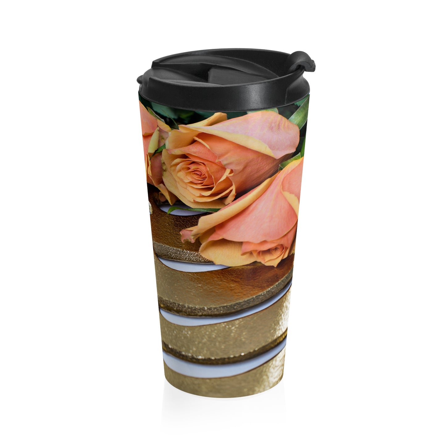 Stainless Steel Travel Mug (Gold Leaf Orange roses)