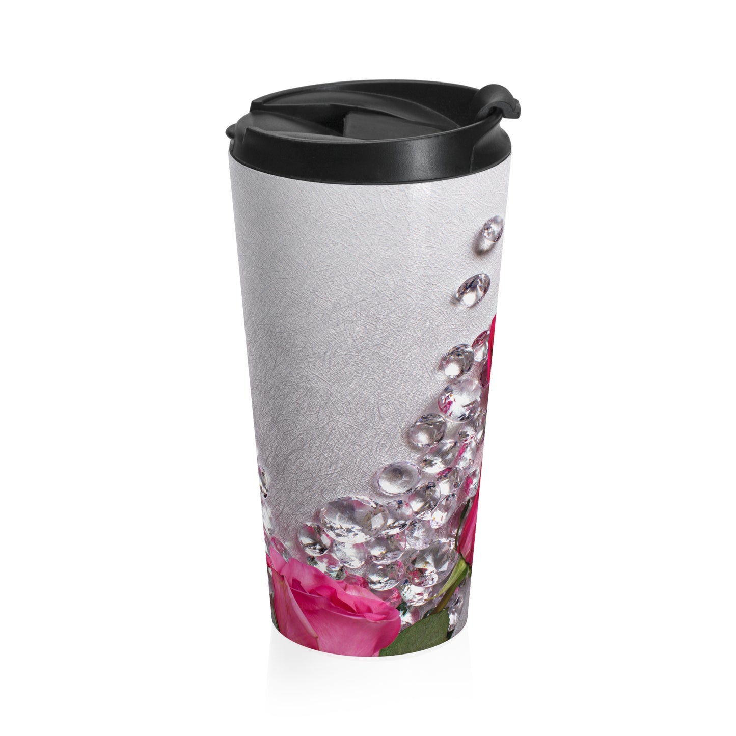 Stainless Steel Travel Mug (Pink Roses Silver Diamonds)