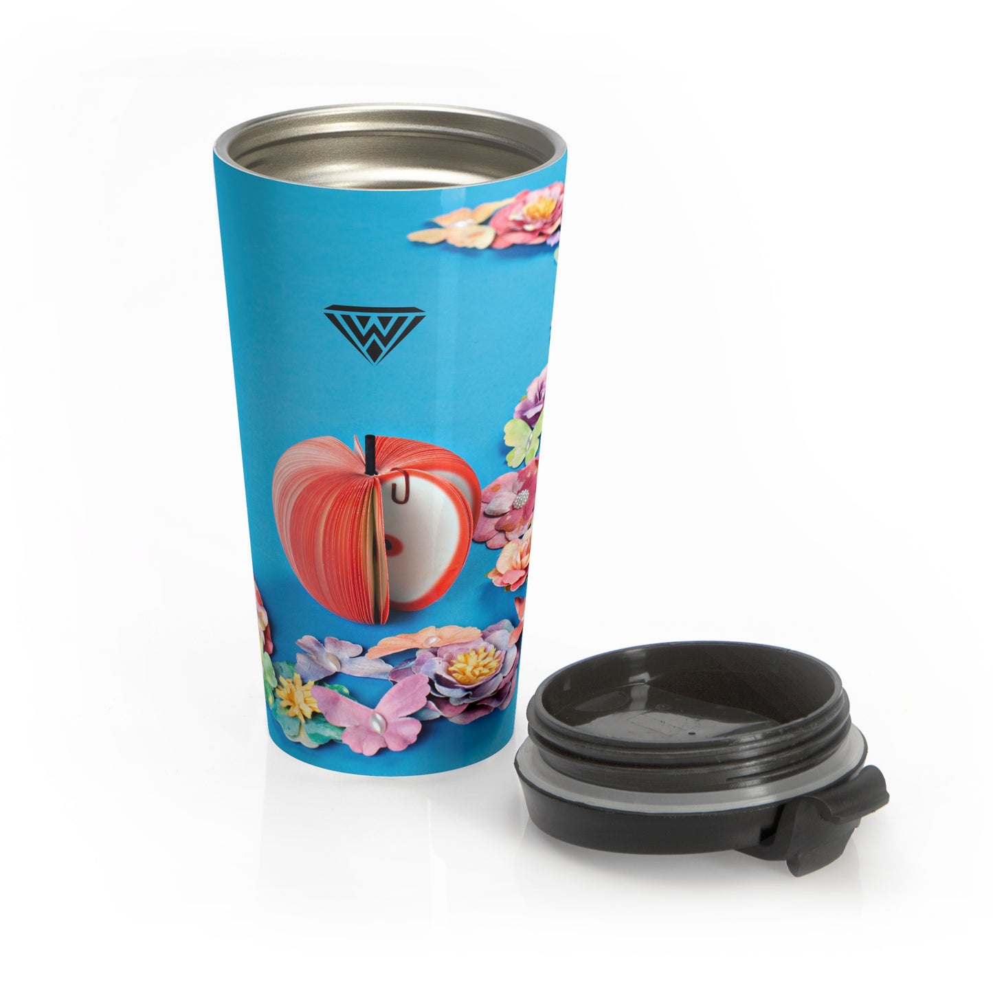 Stainless Steel Travel Mug (Blue Flowers Orange Apple)
