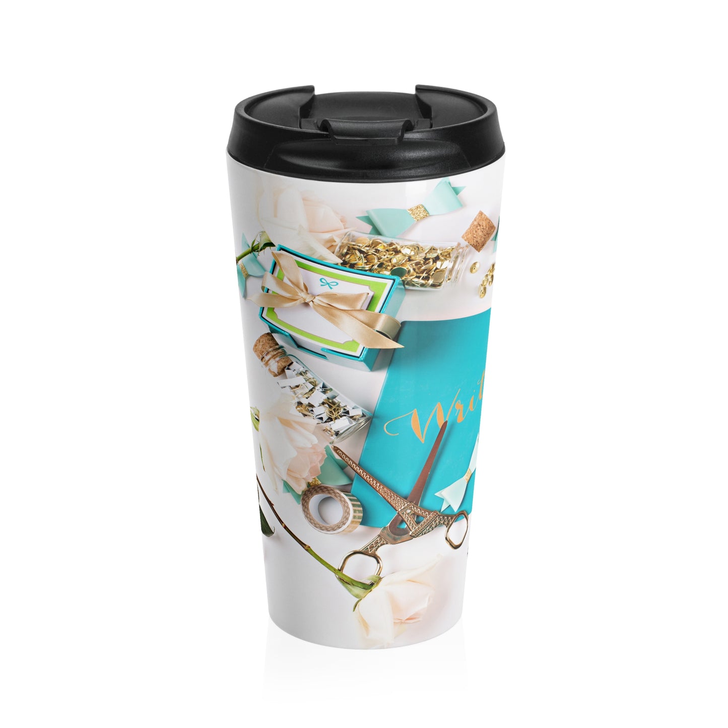 Stainless Steel Travel Mug (Turquoise Journal Gold Scissors)