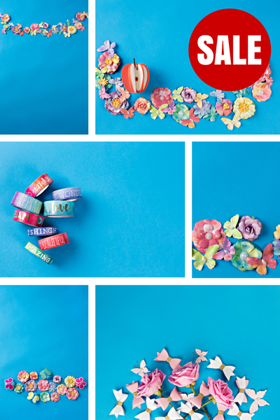 Stock Photos BUNDLE (set of 10) Orange Apple Flowers Blue Background