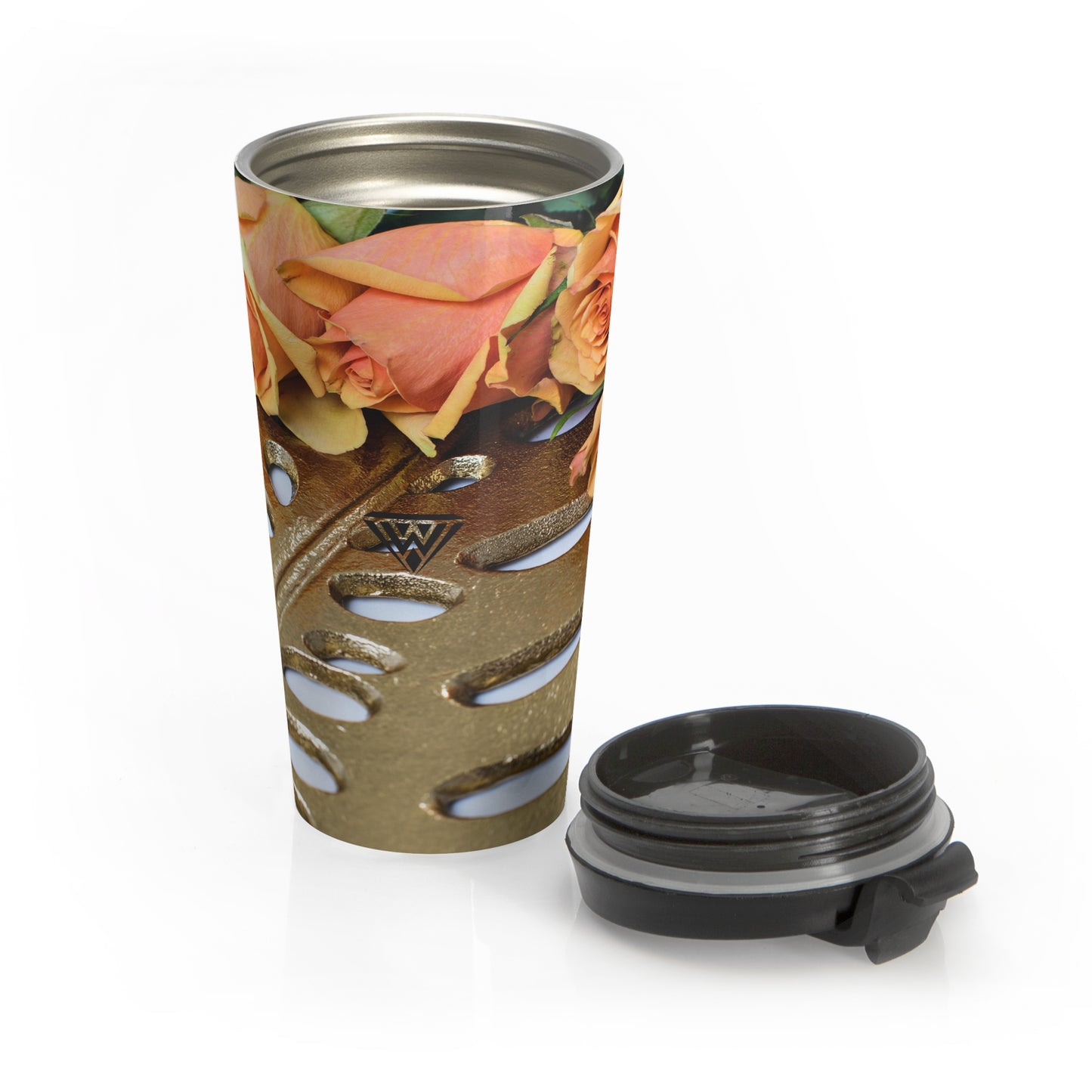 Stainless Steel Travel Mug (Gold Leaf Orange roses)