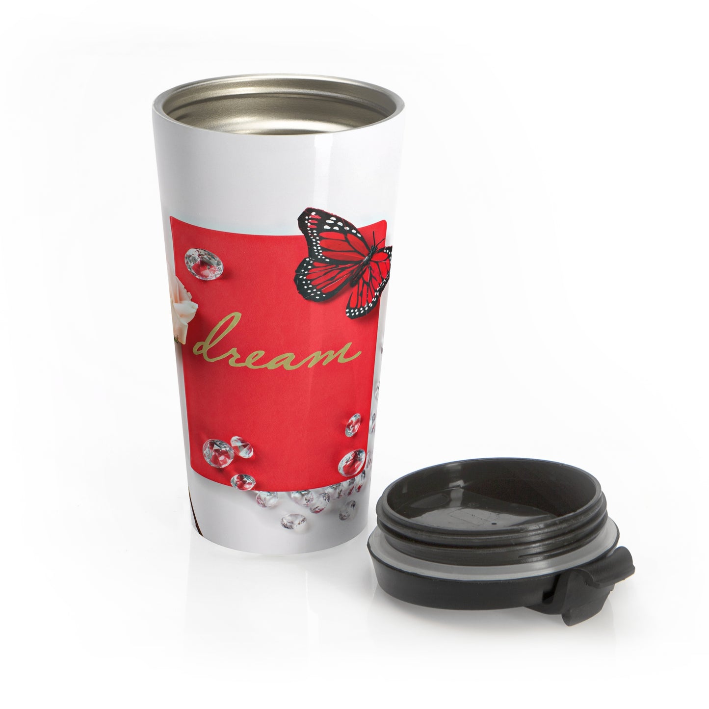 Stainless Steel Travel Mug (Diamonds Red Butterfly)