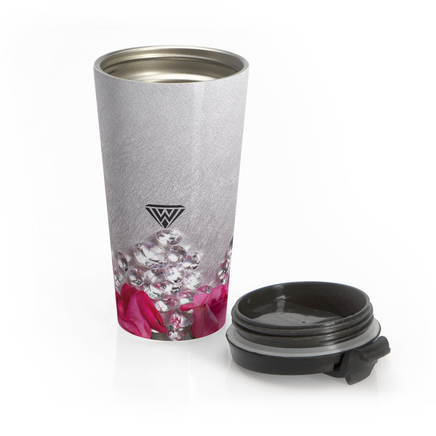 Stainless Steel Travel Mug (Pink Roses Silver Diamonds)