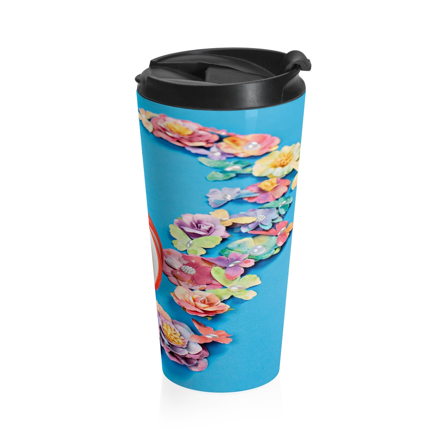 Stainless Steel Travel Mug (Blue Flowers Orange Apple)