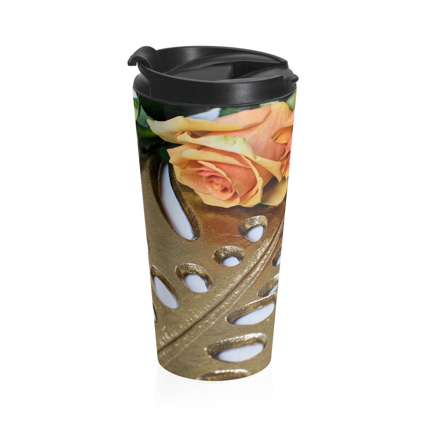 Stainless Steel Travel Mug (Gold Leaf Orange roses)