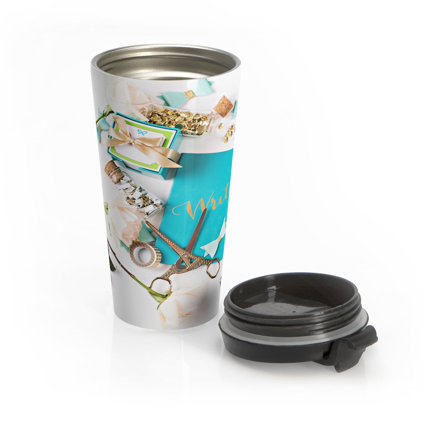 Stainless Steel Travel Mug (Turquoise Journal Gold Scissors)