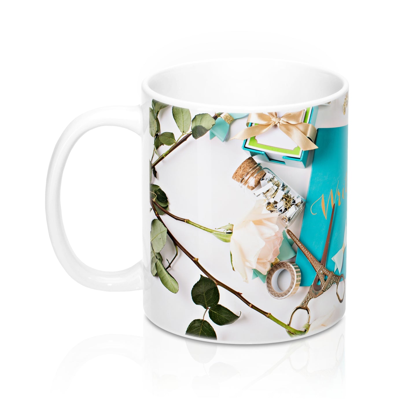 Ceramic Drinking Mug (Turquoise Journal Gold Scissors)