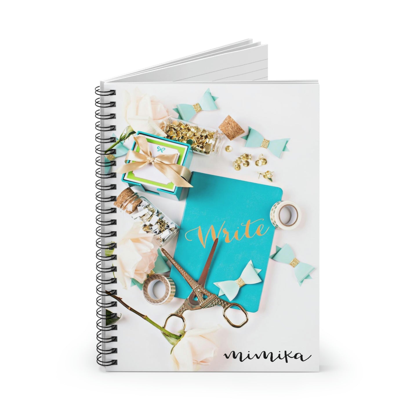 Spiral Notebook - Ruled Line (Turquoise Gold Scissors Bows)