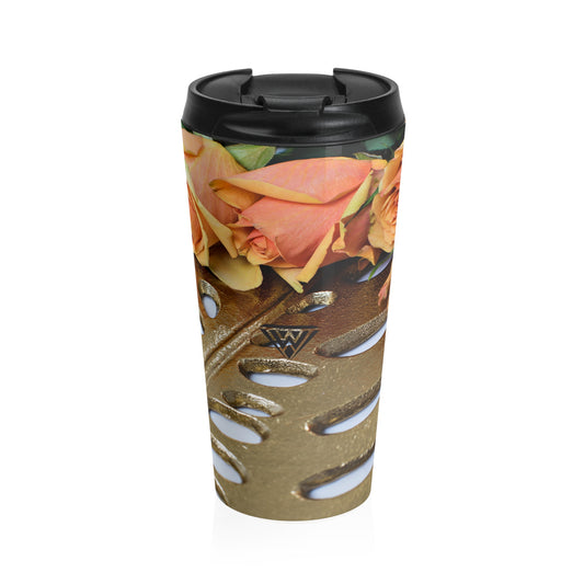 Stainless Steel Travel Mug (Gold Leaf Orange roses)