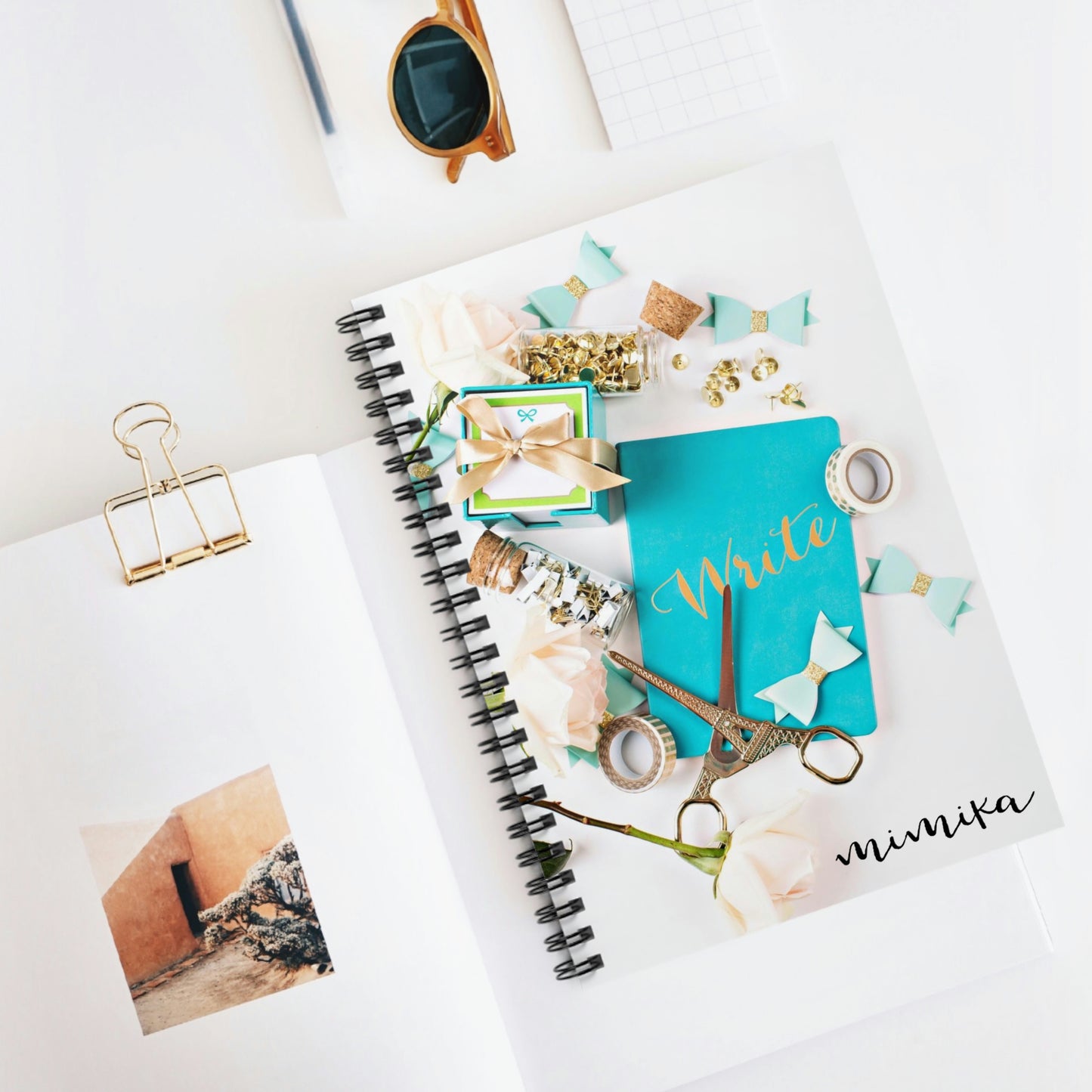 Spiral Notebook - Ruled Line (Turquoise Gold Scissors Bows)
