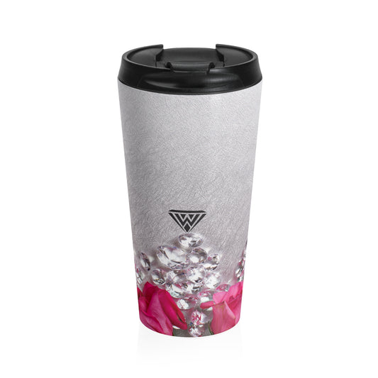 Stainless Steel Travel Mug (Pink Roses Silver Diamonds)